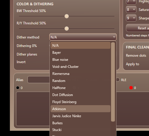 Available dithering methods in the Dither method menu