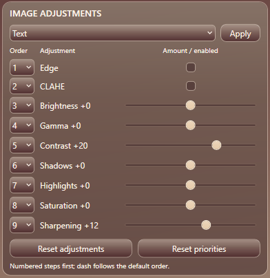 Image Adjustments group with ordered processing stages and adjustment controls