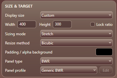 Size & Target controls: display dimensions, sizing mode, resize method, background, panel type and profile