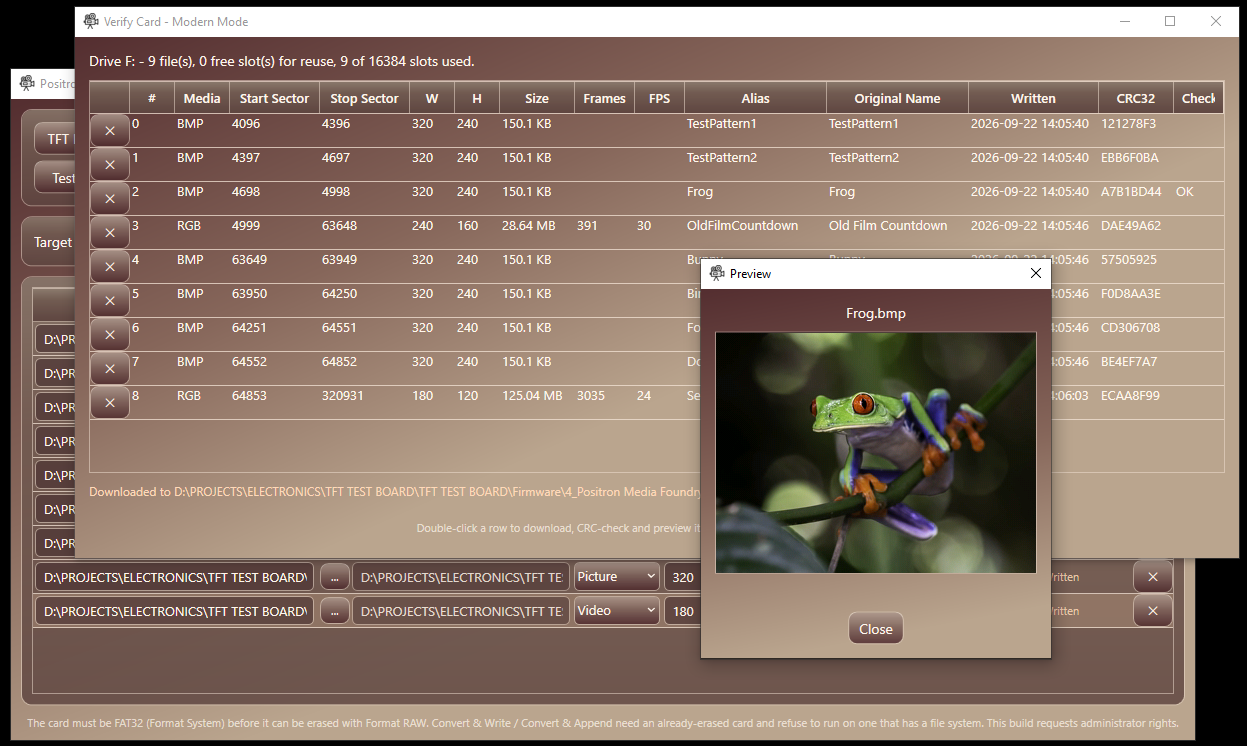 A file read back from the card is checked and previewed.