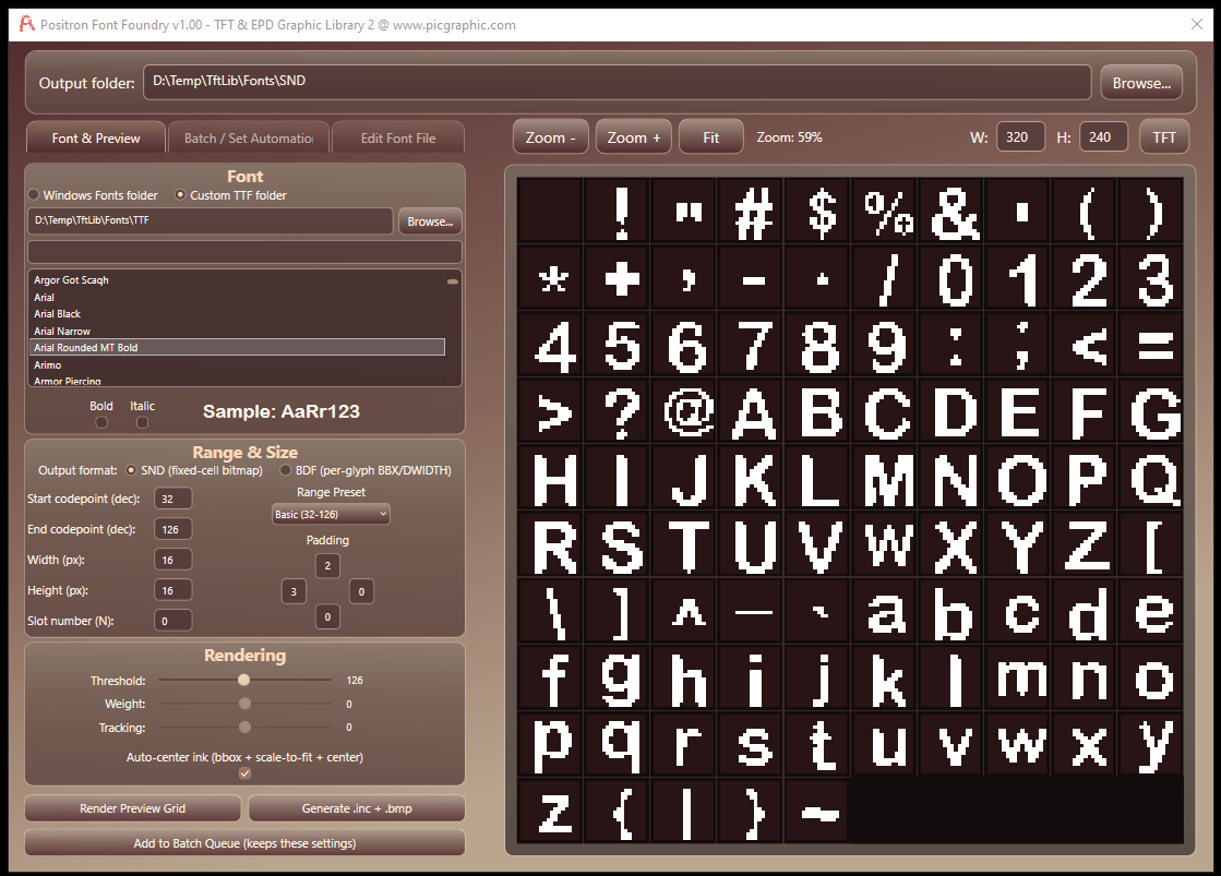 Positron Font Foundry workspace with font settings and a character preview grid