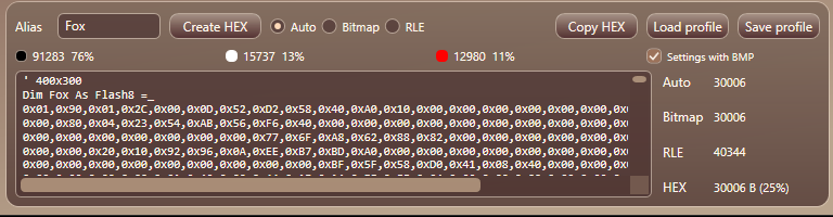 Pixel counts, Alias, HEX output, compression selection, profile controls and size statistics