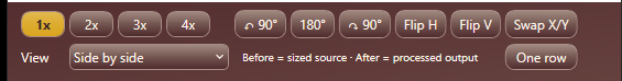 Preview toolbar: zoom, rotation, flips, X/Y swap and view mode